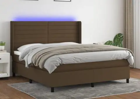 Pat cu arcuri, saltea și LED, maro închis, 160x200 cm, textil - 1/5