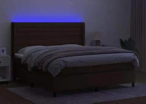 Pat cu arcuri, saltea și LED, maro închis, 160x200 cm, textil - 3/5