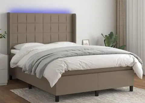 Pat cu arcuri, saltea și LED, gri taupe, 140x190 cm, textil - 1/5