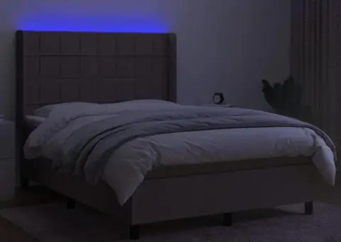 Pat cu arcuri, saltea și LED, gri taupe, 140x190 cm, textil - 3/5