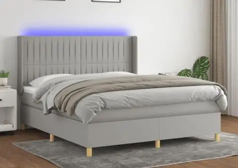 Pat cu arcuri, saltea și LED, gri deschis, 180x200 cm, textil - 1/5