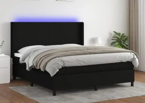 Pat cu arcuri, saltea și LED, negru, 160x200 cm, textil - 1/5