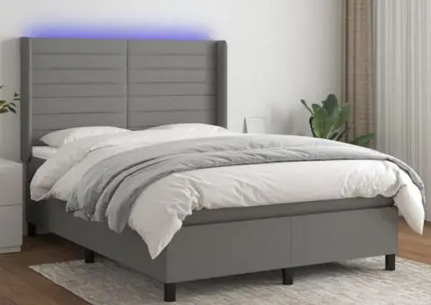 Pat cu arcuri, saltea și LED, gri închis, 140x200 cm, textil - 1/5