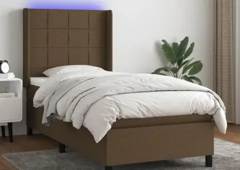 Pat cu arcuri, saltea și LED, maro închis, 90x190 cm, textil - 1/5