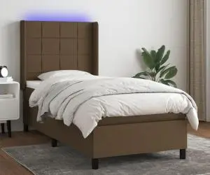 vidaXL Pat cu arcuri, saltea și LED, maro închis, 90x190 cm, textil