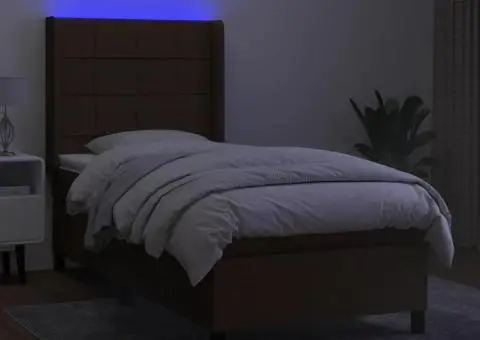 Pat cu arcuri, saltea și LED, maro închis, 90x190 cm, textil - 3/5