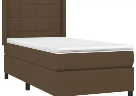 Pat cu arcuri, saltea și LED, maro închis, 90x190 cm, textil - 4/5