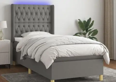 Pat cu arcuri, saltea și LED, gri închis, 80x200 cm, textil - 1/5