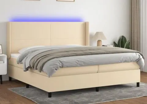 Pat cu arcuri, saltea și LED, crem, 200x200 cm, textil - 1/5