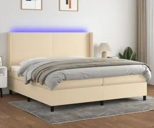 vidaXL Pat cu arcuri, saltea și LED, crem, 200x200 cm, textil