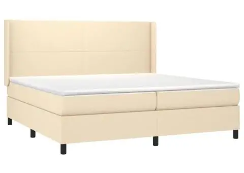 Pat cu arcuri, saltea și LED, crem, 200x200 cm, textil - 4/5