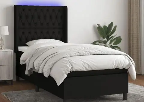 Pat cu arcuri, saltea și LED, negru, 90x190 cm, textil - 1/5