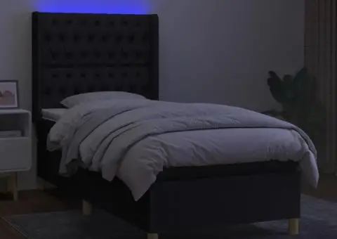 Pat cu arcuri, saltea și LED, negru, 90x200 cm, textil - 3/5