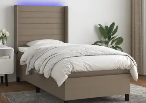 Pat cu arcuri, saltea și LED, gri taupe, 80x200 cm, textil - 1/5