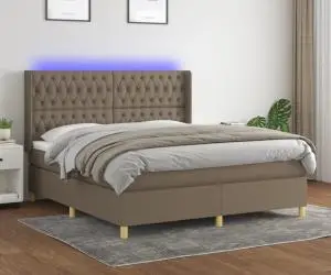 vidaXL Pat cu arcuri, saltea și LED, gri taupe, 180x200 cm, textil
