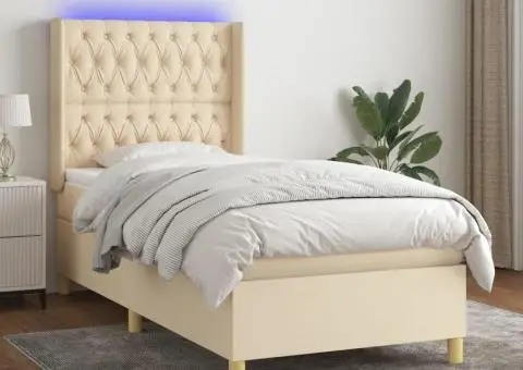 Pat cu arcuri, saltea și LED, crem, 100x200 cm, textil - 1/5