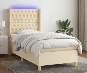 vidaXL Pat cu arcuri, saltea și LED, crem, 100x200 cm, textil