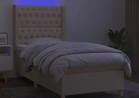 Pat cu arcuri, saltea și LED, crem, 100x200 cm, textil - 3/5