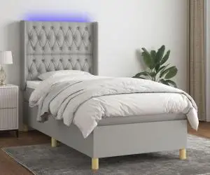 vidaXL Pat cu arcuri, saltea și LED, gri deschis, 100x200 cm, textil
