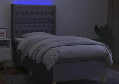 Pat cu arcuri, saltea și LED, gri deschis, 100x200 cm, textil - 3/5