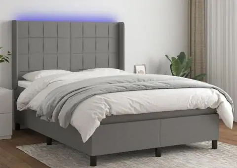 Pat cu arcuri, saltea și LED, gri închis, 140x200 cm, textil - 1/5