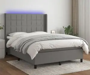 vidaXL Pat cu arcuri, saltea și LED, gri închis, 140x200 cm, textil