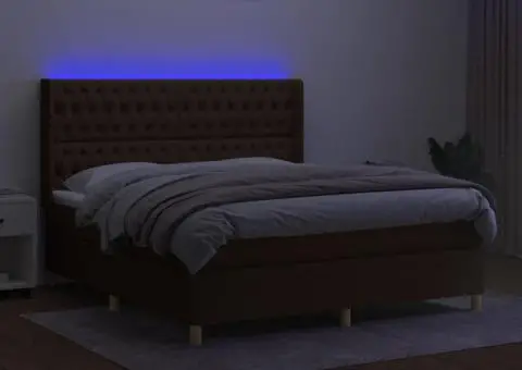 Pat cu arcuri, saltea și LED, maro închis, 160x200 cm, textil - 3/5