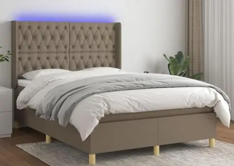 Pat cu arcuri, saltea și LED, gri taupe, 140x200 cm, textil - 1/5