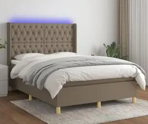 vidaXL Pat cu arcuri, saltea și LED, gri taupe, 140x200 cm, textil