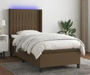 vidaXL Pat cu arcuri, saltea și LED, maro închis, 90x200 cm, textil