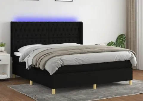 Pat cu arcuri, saltea și LED, negru, 180x200 cm, textil - 1/5