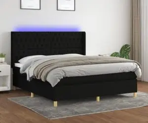 vidaXL Pat cu arcuri, saltea și LED, negru, 180x200 cm, textil