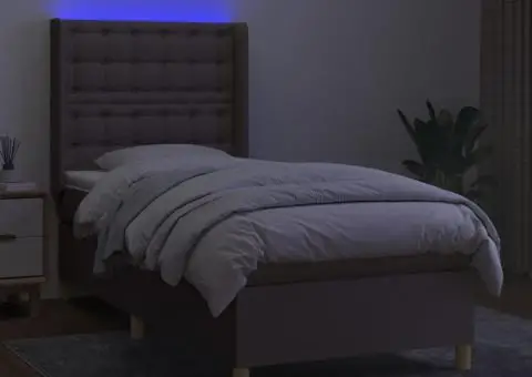 Pat cu arcuri, saltea și LED, Gri taupe, 100x200 cm, textil - 3/5