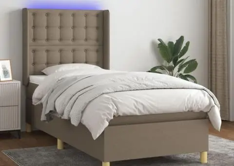 Pat cu arcuri, saltea și LED, gri taupe, 90x190 cm, textil - 1/5