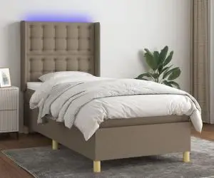 vidaXL Pat cu arcuri, saltea și LED, gri taupe, 90x190 cm, textil