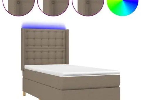 Pat cu arcuri, saltea și LED, gri taupe, 90x190 cm, textil - 2/5