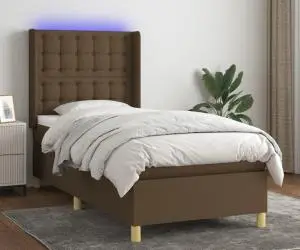 vidaXL Pat cu arcuri, saltea și LED, maro închis, 90x200 cm, textil