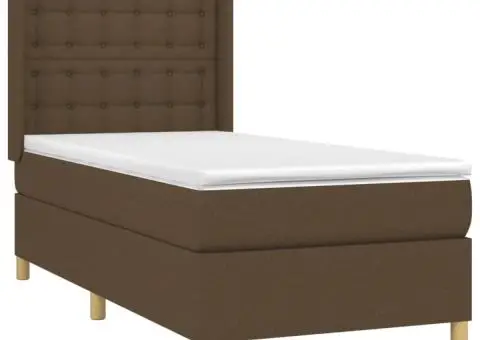 Pat cu arcuri, saltea și LED, maro închis, 90x200 cm, textil - 4/5