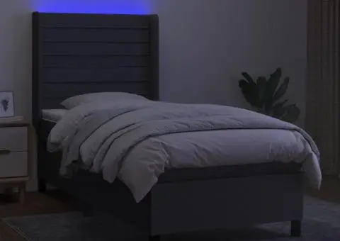 Pat cu arcuri, saltea și LED, gri închis, 90x190 cm, textil - 3/5