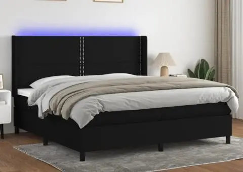 Pat cu arcuri, saltea și LED, negru, 200x200 cm, textil - 1/5