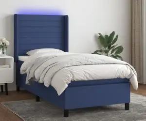vidaXL Pat cu arcuri, saltea și LED, albastru, 120x200 cm, textil