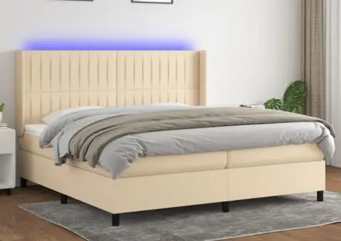 Pat cu arcuri, saltea și LED, crem, 200x200 cm, textil - 1/5