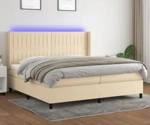vidaXL Pat cu arcuri, saltea și LED, crem, 200x200 cm, textil