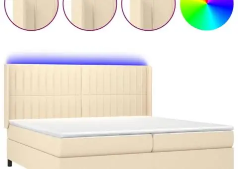 Pat cu arcuri, saltea și LED, crem, 200x200 cm, textil - 2/5