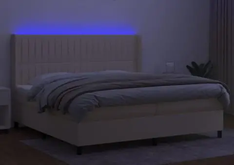 Pat cu arcuri, saltea și LED, crem, 200x200 cm, textil - 3/5