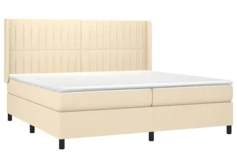 Pat cu arcuri, saltea și LED, crem, 200x200 cm, textil - 4/5