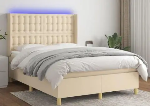 Pat cu arcuri, saltea și LED, crem, 140x190 cm, textil - 1/5