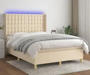 vidaXL Pat cu arcuri, saltea și LED, crem, 140x190 cm, textil