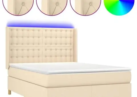 Pat cu arcuri, saltea și LED, crem, 140x190 cm, textil - 2/5