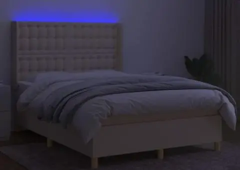 Pat cu arcuri, saltea și LED, crem, 140x190 cm, textil - 3/5